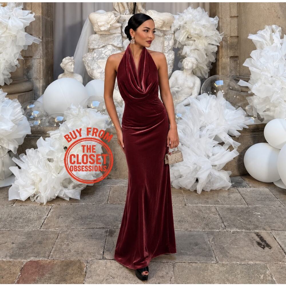 Zara NWT Raspberry Velvet Halter Open Back Maxi Dress M - Picture 10 of 16
